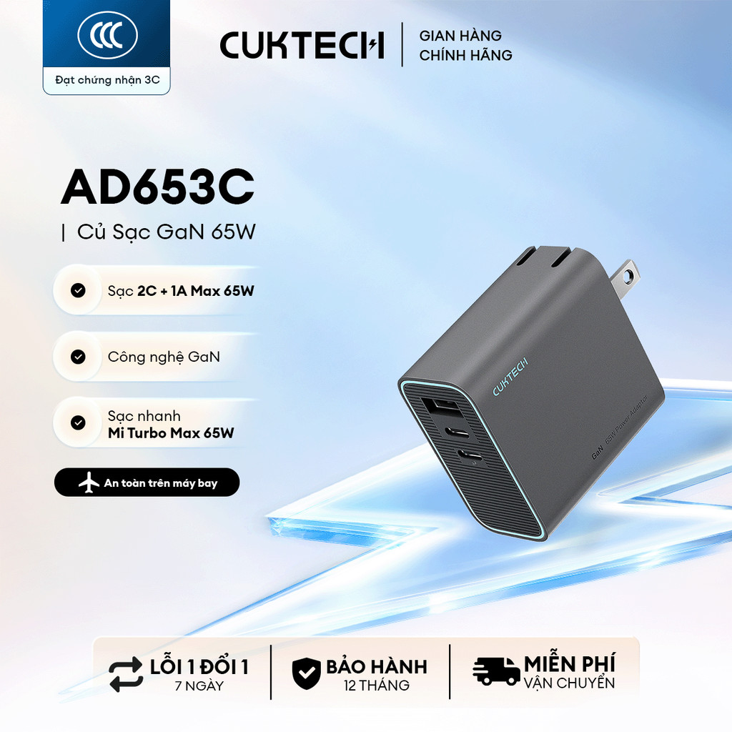 Củ Sạc GaN CUKTECH AD653C 2C1A | Cống Suất 65W Max | Hỗ Trợ Sạc Nhanh | Thiết Kế Nhỏ Gọn | Bảo Hành 18 Tháng