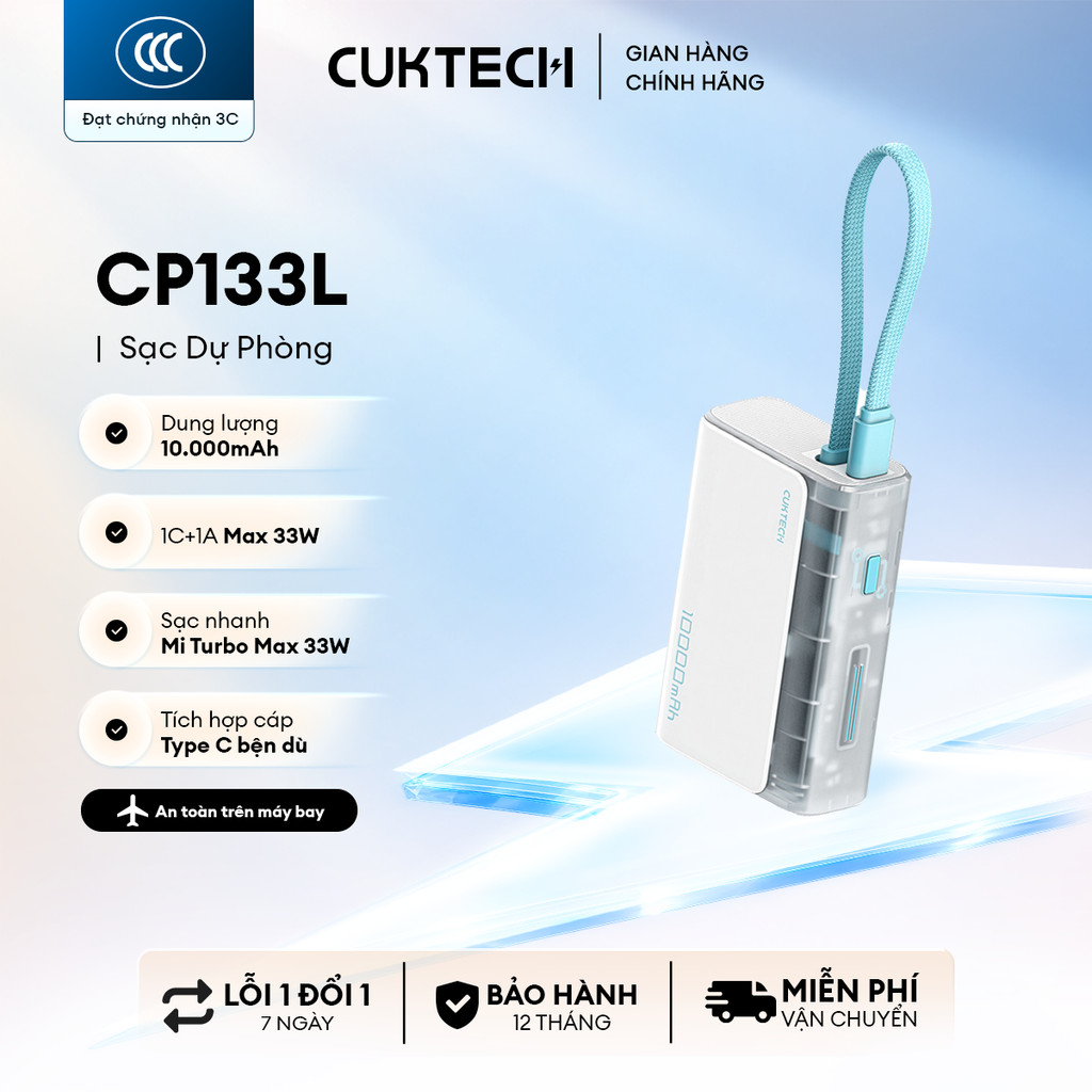 CUKTECH CP133L Sạc Di Động Kèm Cáp | Sạc Nhanh 33W Max | Dung Lượng 10.000mAh | Bảo Hành 18 Tháng LP