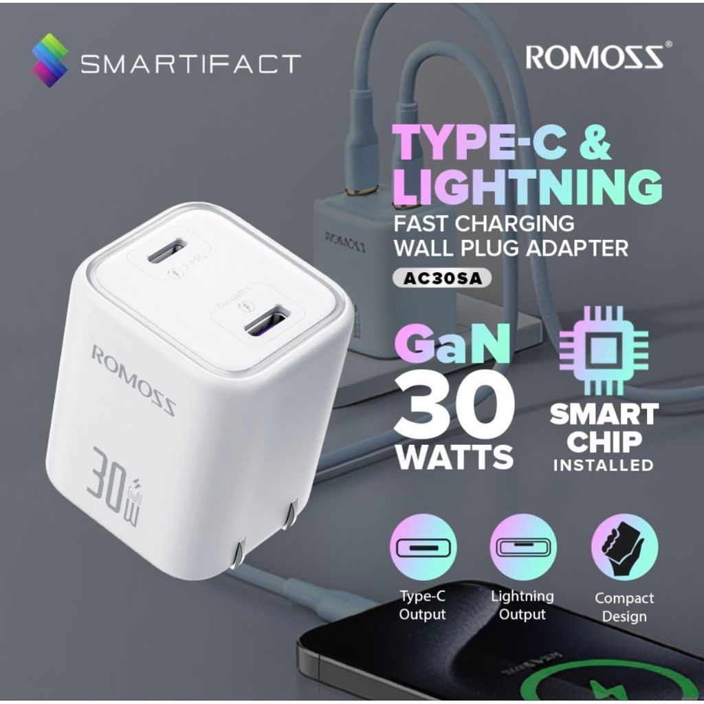 Củ sạc nhanh Romoss GaN30w là củ sạc nhỏ gọn sử dụng công nghệ GaN, trang bị 2 cổng ra gồm Type-C và
