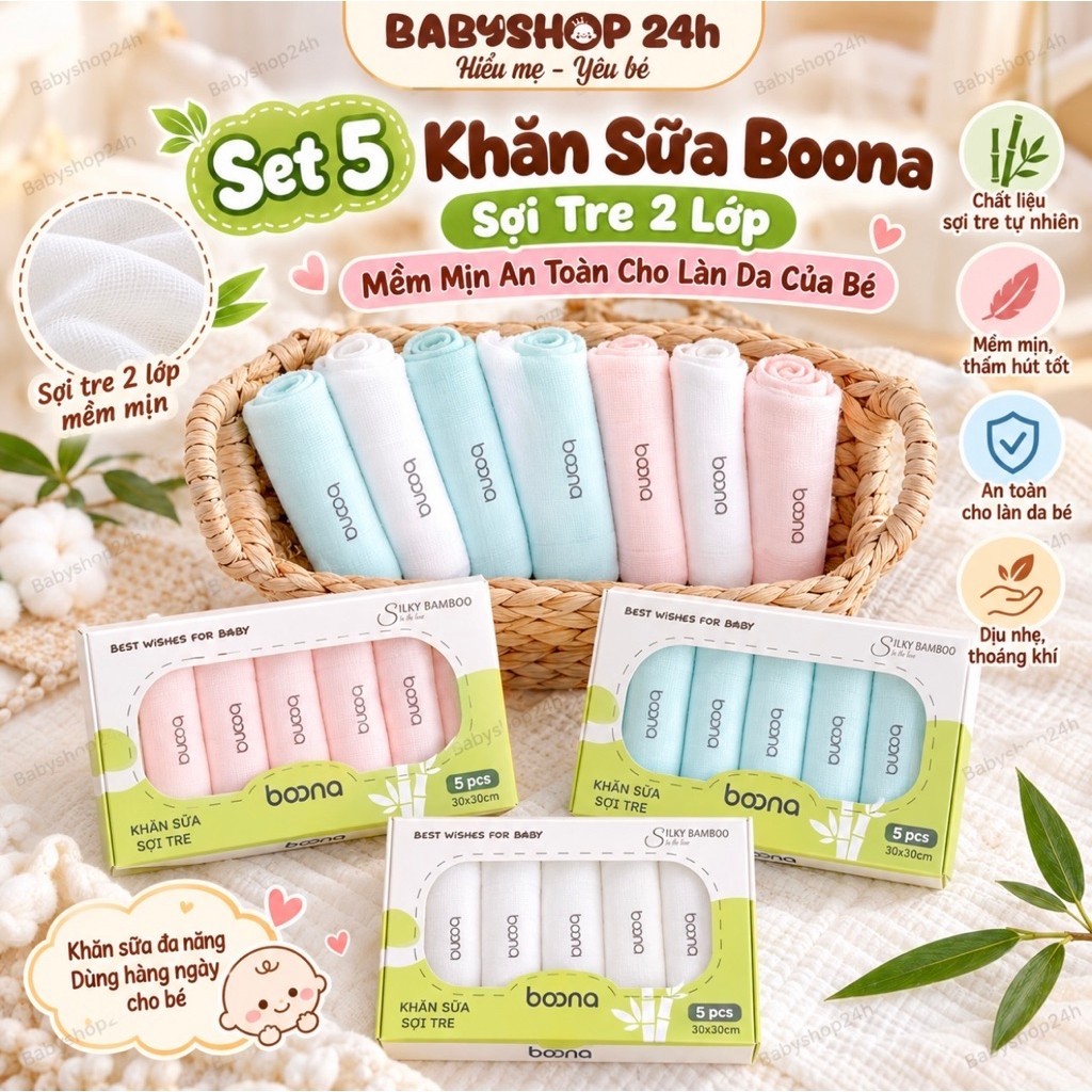 Set 5 Khăn Sữa Boona Sợi Tre 2 Lớp Mềm Mịn An Toàn Cho Làn Da Của Bé