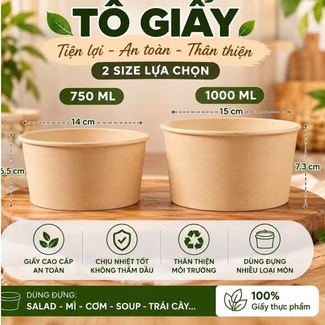 Bát giấy kraft nâu 750ml chống thấm nước, an toàn thực phẩm