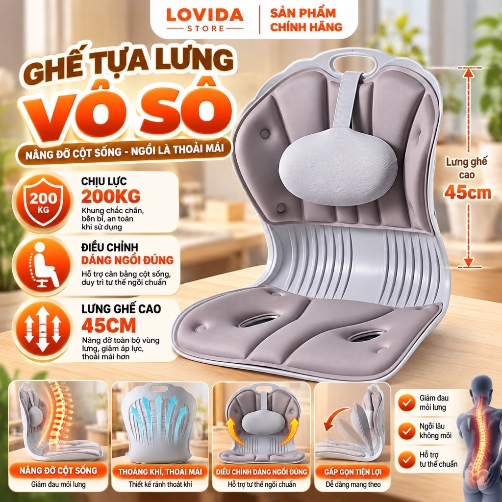 Ghế Bệt Tựa Lưng Công Thái Học Vỏ Sò Có Gối Tựa Giảm Đau Lưng, Chỉnh Dáng…