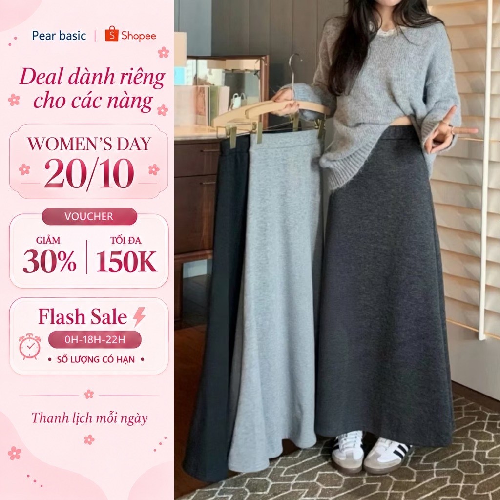 [ MẪU MỚI ] Chân váy len thun dài co giãn công sở dáng suông dài chữ a xòe xếp ly xám đen thanh lịch