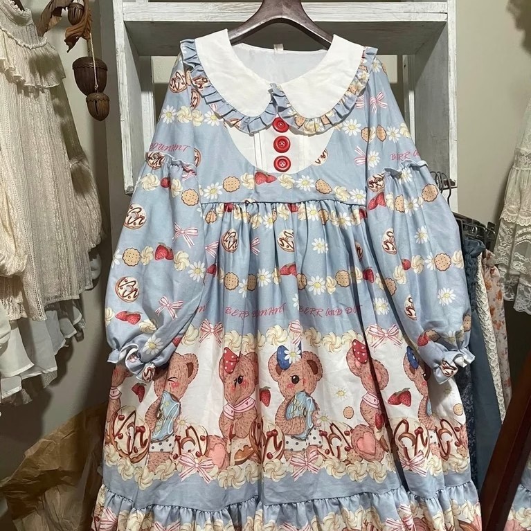 Váy đầm Lolita chính hãng brand Đậu Giang màu xanh tay dài phong cách ngọt ngào, dễ thương