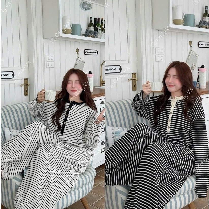 Set Bộ Nữ , Sét Bộ Thun Quần Bo Xuông Kẻ Cúc Cổ Trụ
