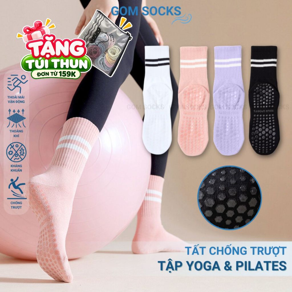Tất chống trượt cổ cao tập yoga, pilates GOM SOCKS, vớ chống trơn thể thao, thiết kế đế cao su an toàn - YOGA-2507