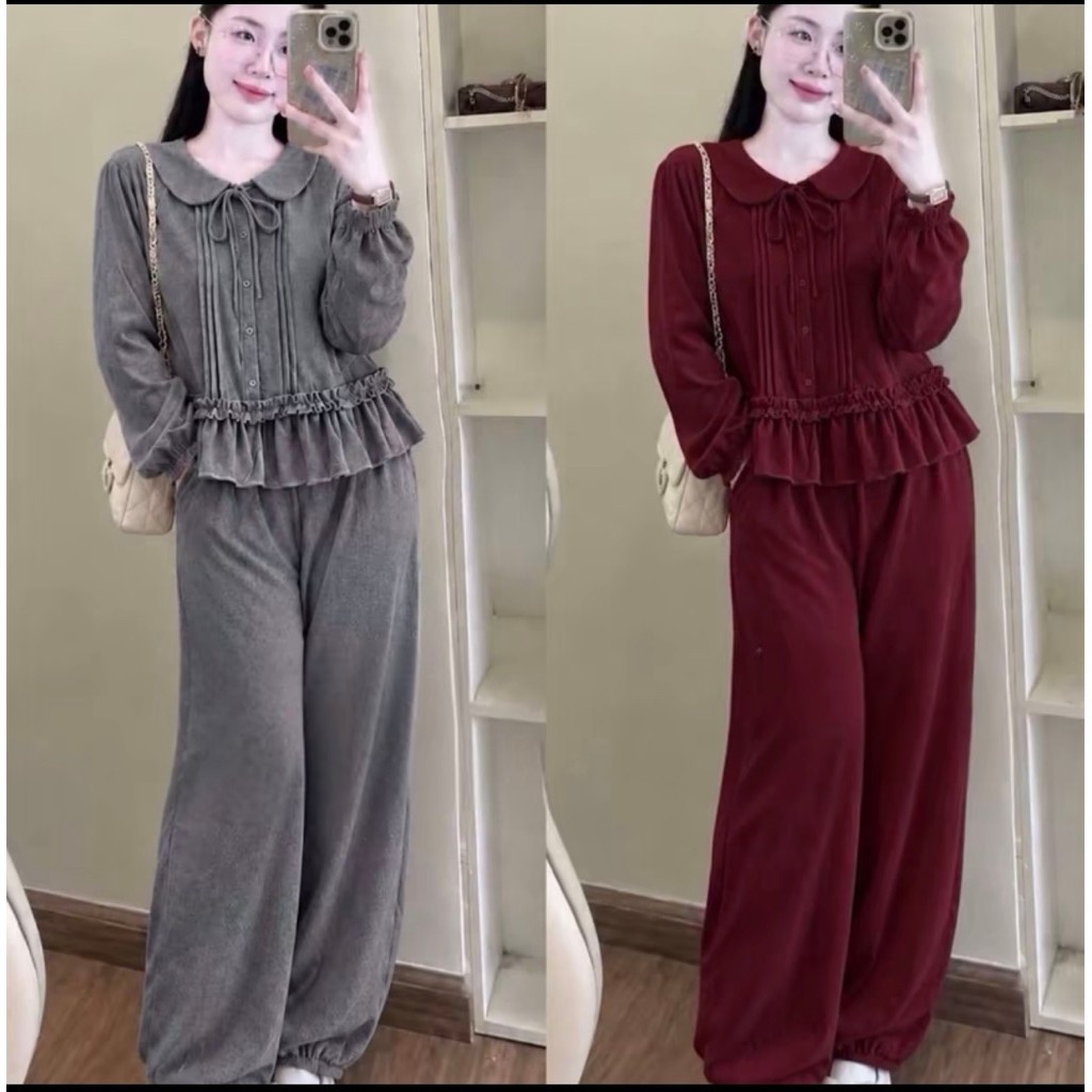 Bộ Nỉ Nữ , Set Bộ Nỉ Tăm Lông Thỏ Cổ Sen Buộc Nơ M320