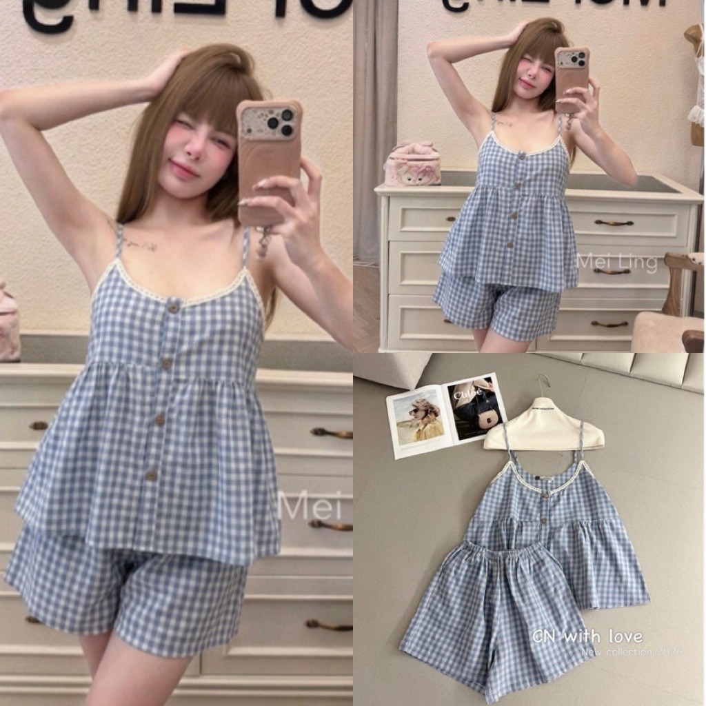 Set Bộ Nữ , Set Bộ Kẻ 2 Dây Viền Mí Ren Cúc Nẹp Hot