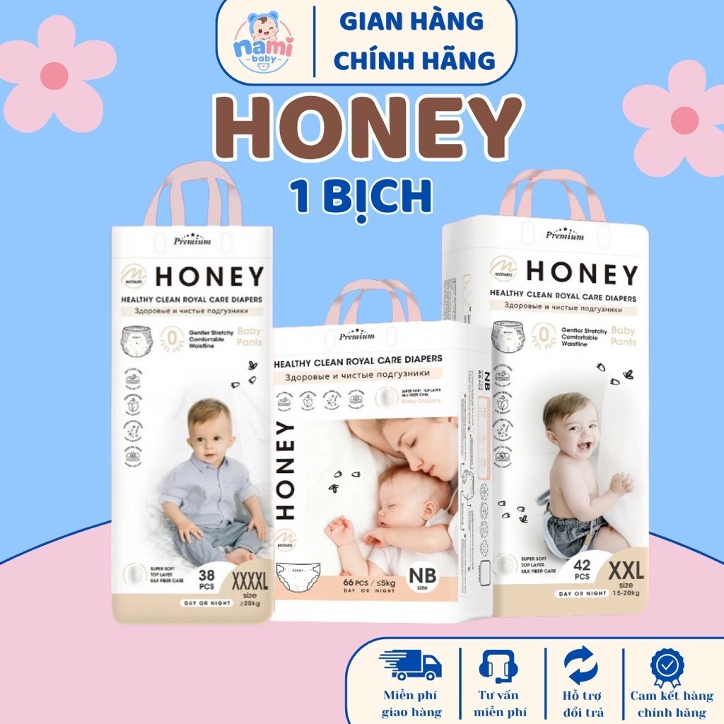 Combo 1 Bịch Tã/Bỉm HONEY PREMIUM Siêu Mềm Siêu Mỏng Siêu Mịn Chính Hãng Đủ Size Từ NB-4XL