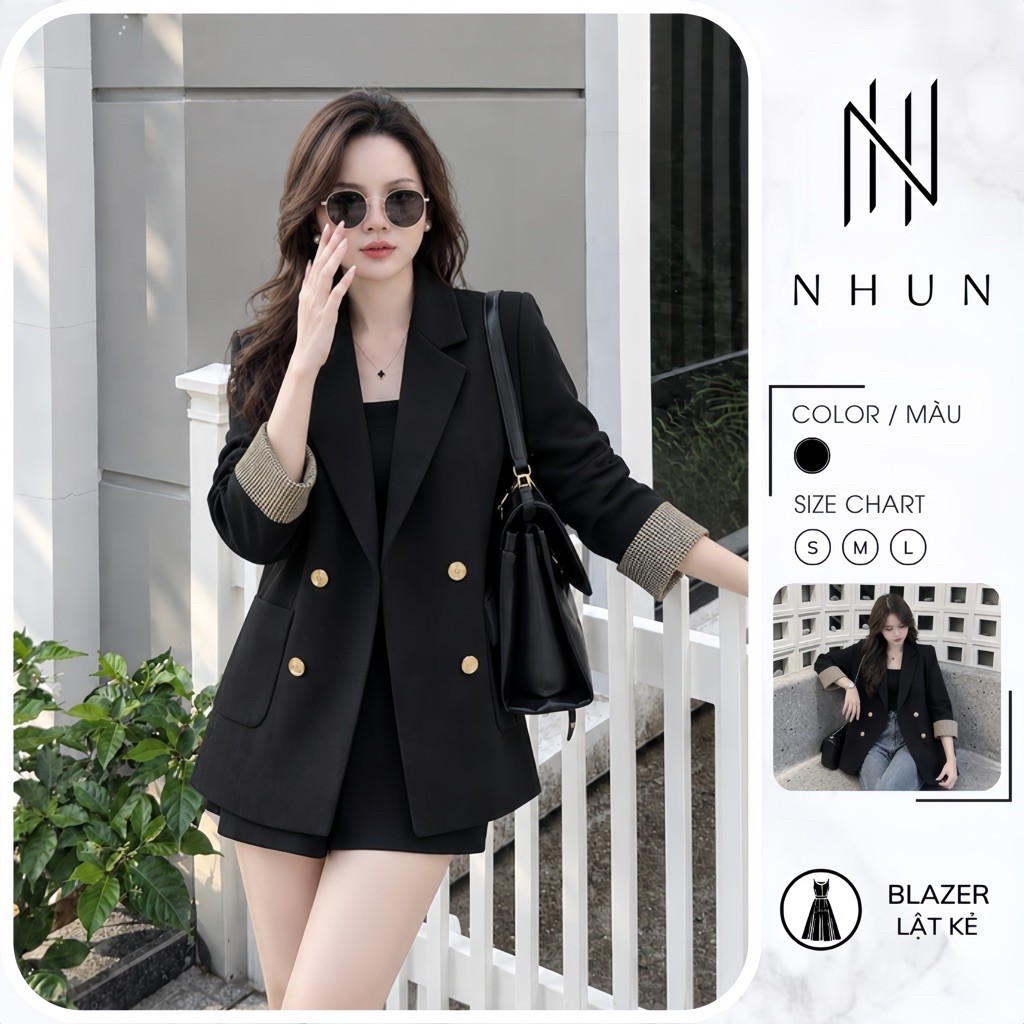 Áo blazer nữ NhunFashion Áo vest nữ công sở khoác ngoài cúc đồng tay lật phong cách Hàn Quốc trẻ trung năng động N69