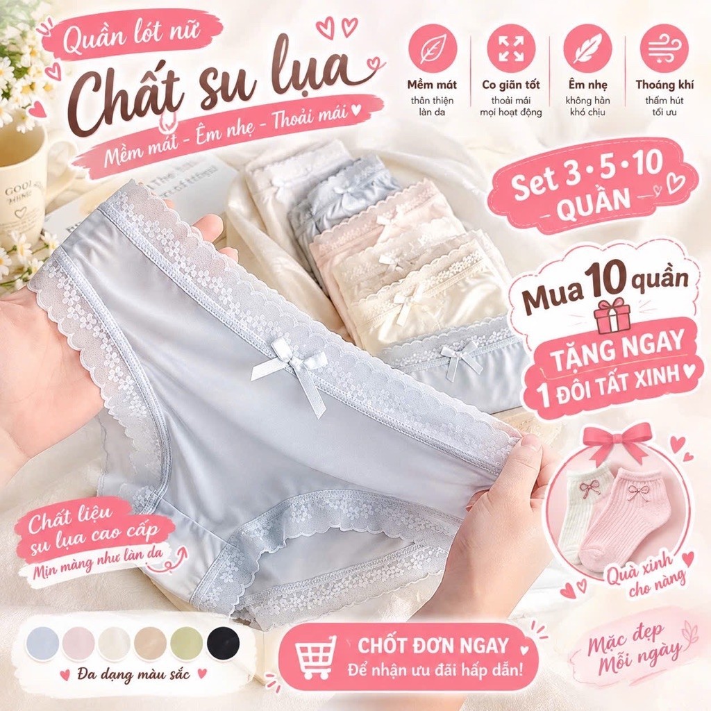 Set 10 Quần Lót Nữ, 325 Quần Lót Nữ Cotton su lụa phối ren hoa co dãn 4 chiều, không lộ viền co giãn thoáng mát gợi cảm