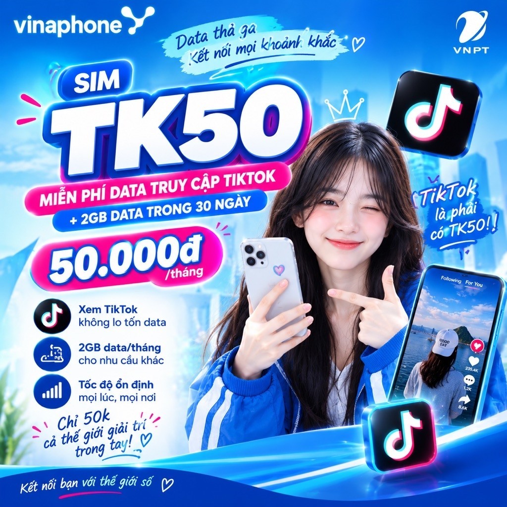 [SIM DATA] SIM VinaPhone YT50G, Ưu Đãi Miễn Phí Data Truy Cập TikTok + 2GB Data Tốc Độ Cao/ Tháng, S