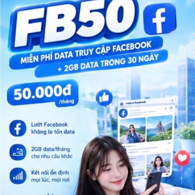 [SIM DATA] SIM VinaPhone FB50G, Ưu Đãi Miễn Phí Data Truy Cập Facebook + 2GB Data Tốc Độ Cao/ Tháng,