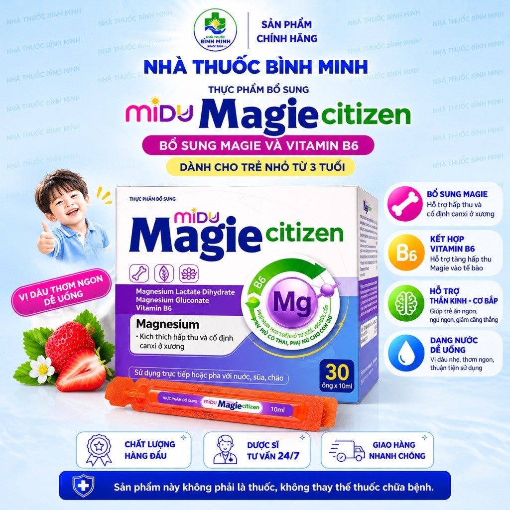 MIDU Magie Citizen Hộp 30 Ống x 10ml – Bổ Sung Magie và Vitamin B6 Cho Trẻ Từ 3 Tuổi, Người Lớn, Phụ