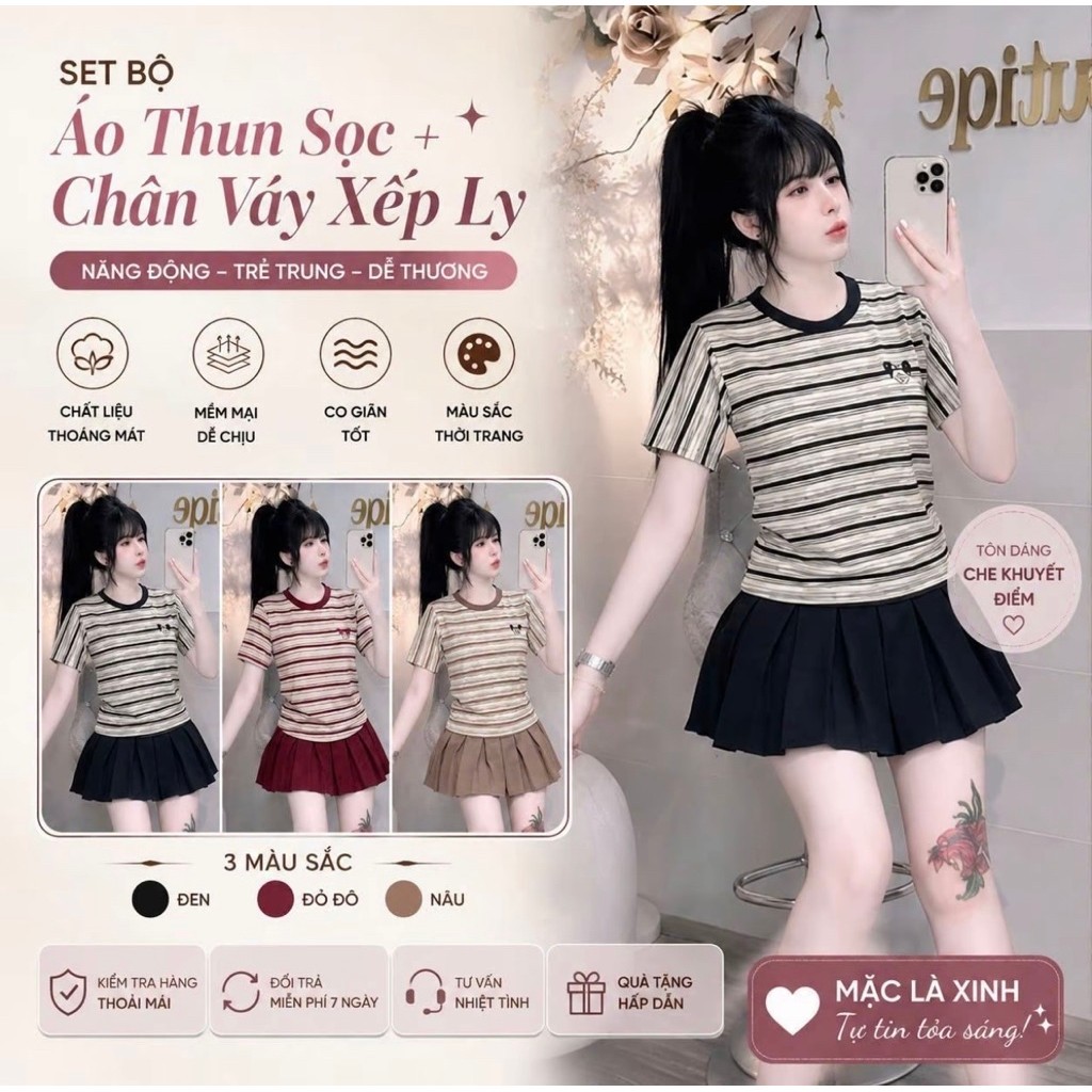 Set Bộ Váy Nữ Bigsize 45-85kg, Áo Thun Borip Kẻ Sọc In Hình Cute Phối Chân Váy…