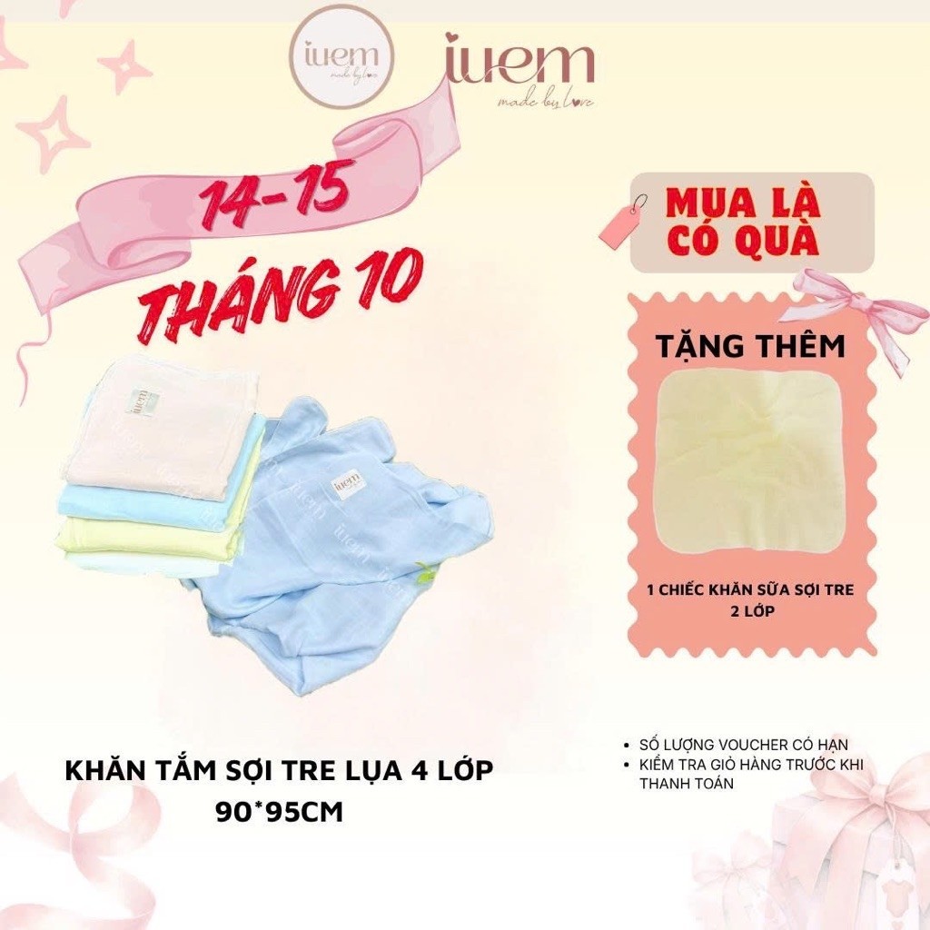 iuem Khăn tắm sợi tre bamboo 4 LỚP kích thước 90*95cm (+-2cm)(tặng 1 cái khăn…