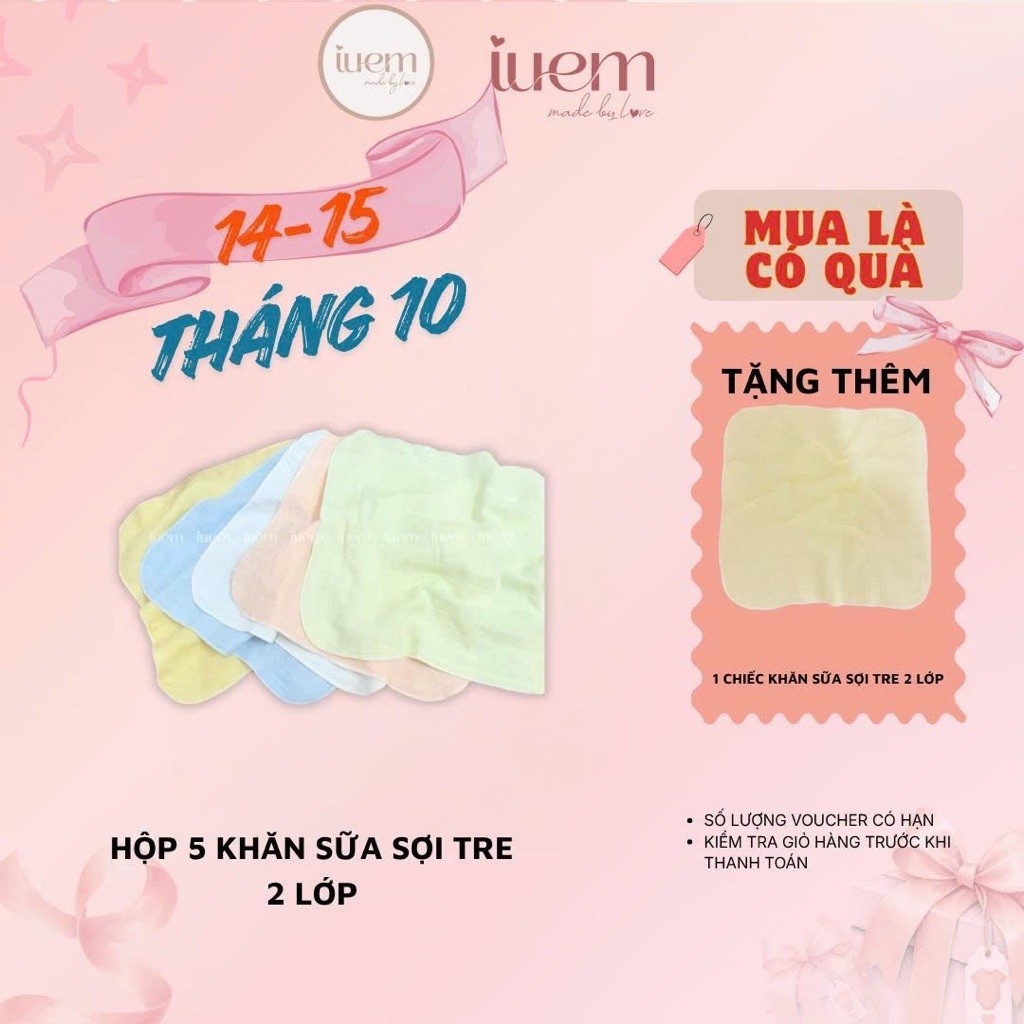 iuem khăn sữa sợi tre bamboo 2 lớp (tặng thêm 1 cái 2 lớp), hộp 5 cái kt…