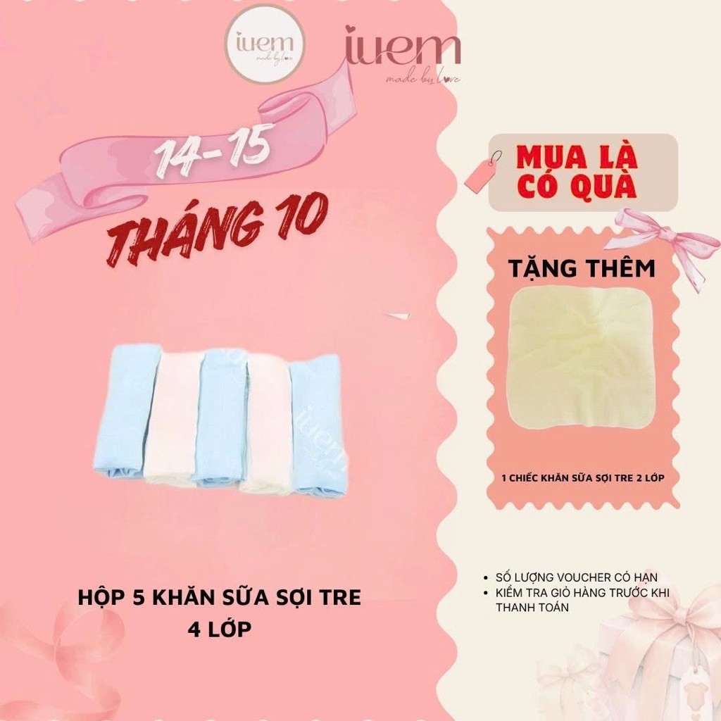 iuem Khăn sữa SỢI TRE BAMBOO 4 LỚP (tặng 1 cái 2 lớp), hộp 5 cái, kt 30*30cm…