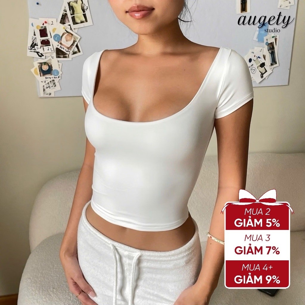 Áo Croptop Nữ Cổ Tròn Tay Lỡ Gom Ngực Chiết Eo Co Giãn Tốt Augety Studio – REMI TOP
