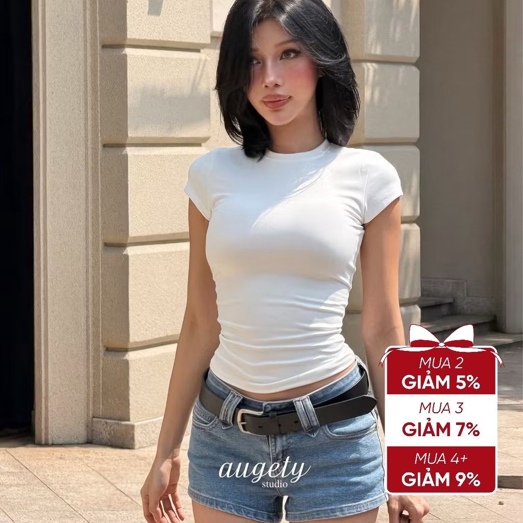 Áo Thun Basic Chiết Eo Vải Thun Cao Cấp Augety Studio, BARE SKIN TOP