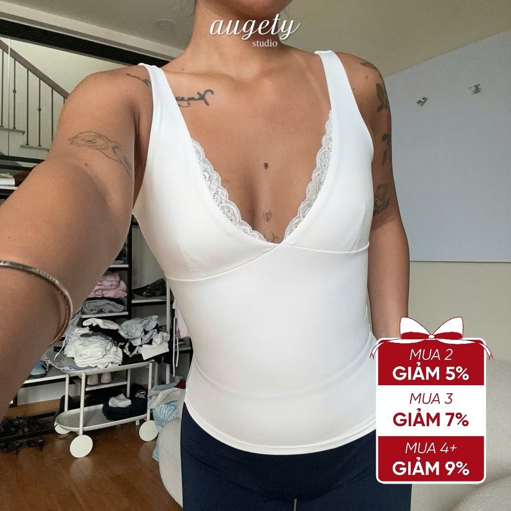 Áo Sát Nách Cổ V Sâu Phối Ren Gom Ngực Chiết Eo Augety Studio, LYS TOP