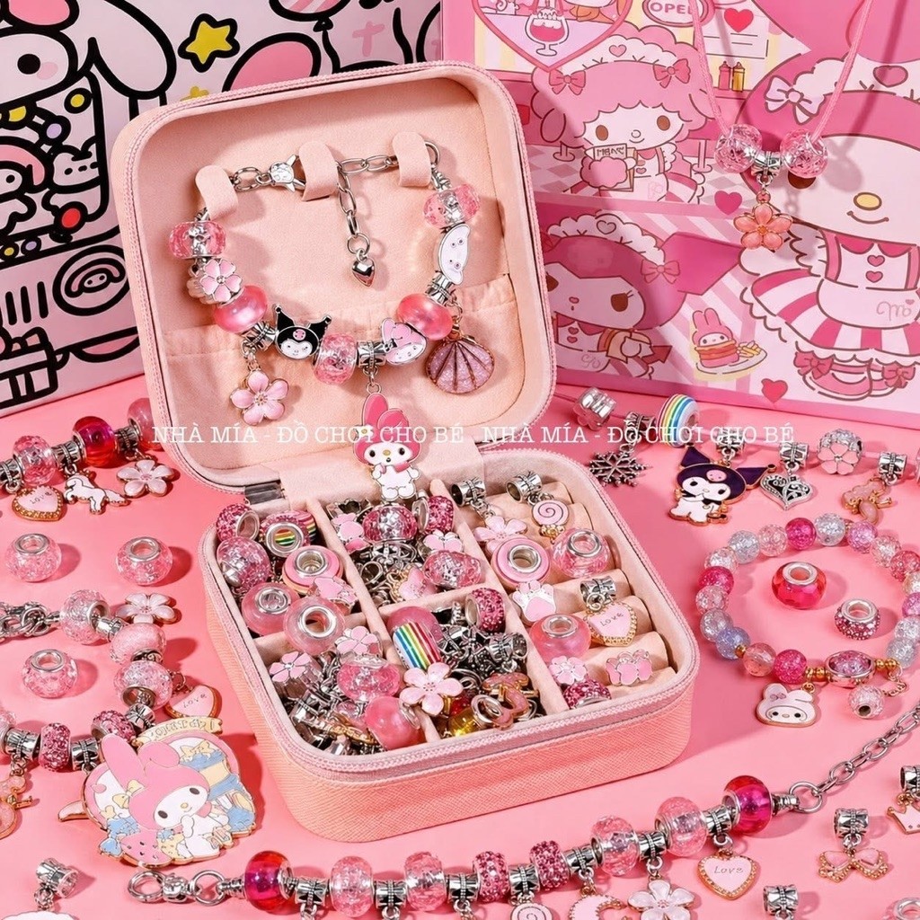 Vòng charm pandora 66 món full hộp đựng xịn xò cho bé gồm 3 dây chuyền dài, 3 vòng pandora hợp kim k
