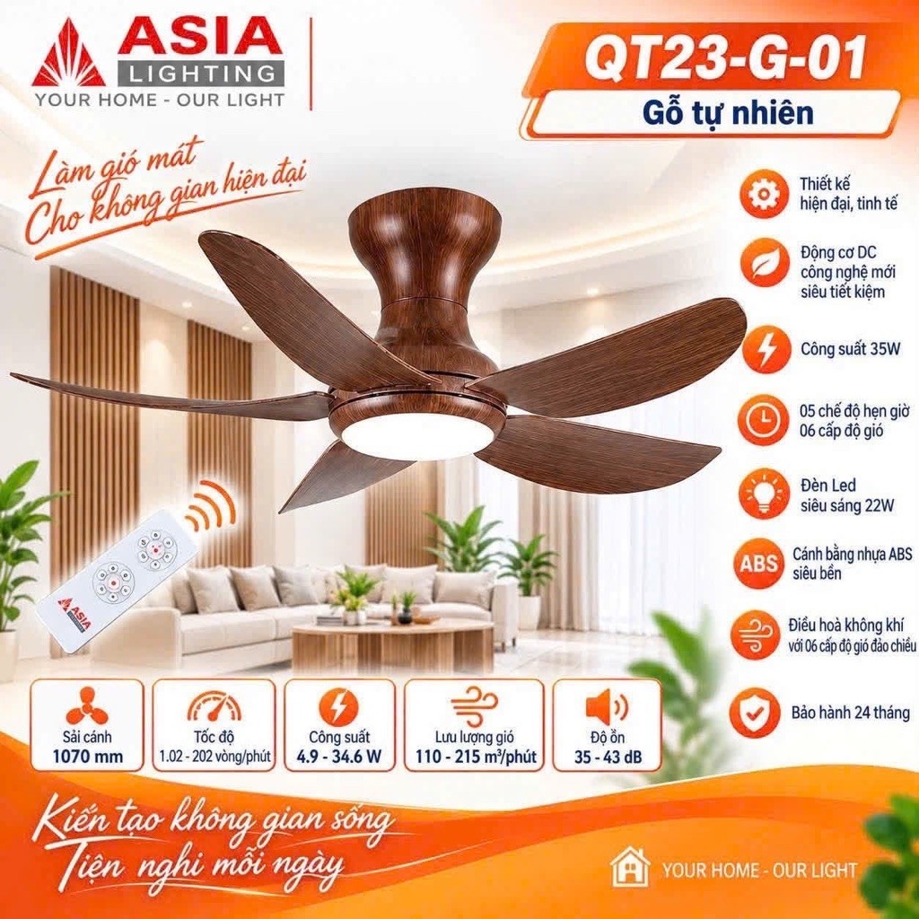 🚀Chính Hãng🚀 Quạt trần 5 cánh (Cao Cấp) Asia Lighting quạt trần gắn Chung Cư trần thấp, phòng ngủ,…p