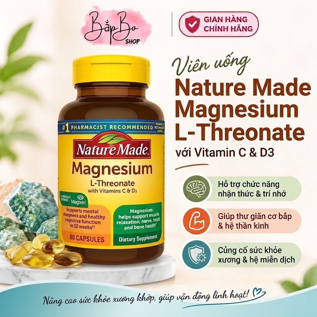 Viên uống bổ sung magie Nature Made Magnesium L-Threonate Magtein Vitamin C D3
