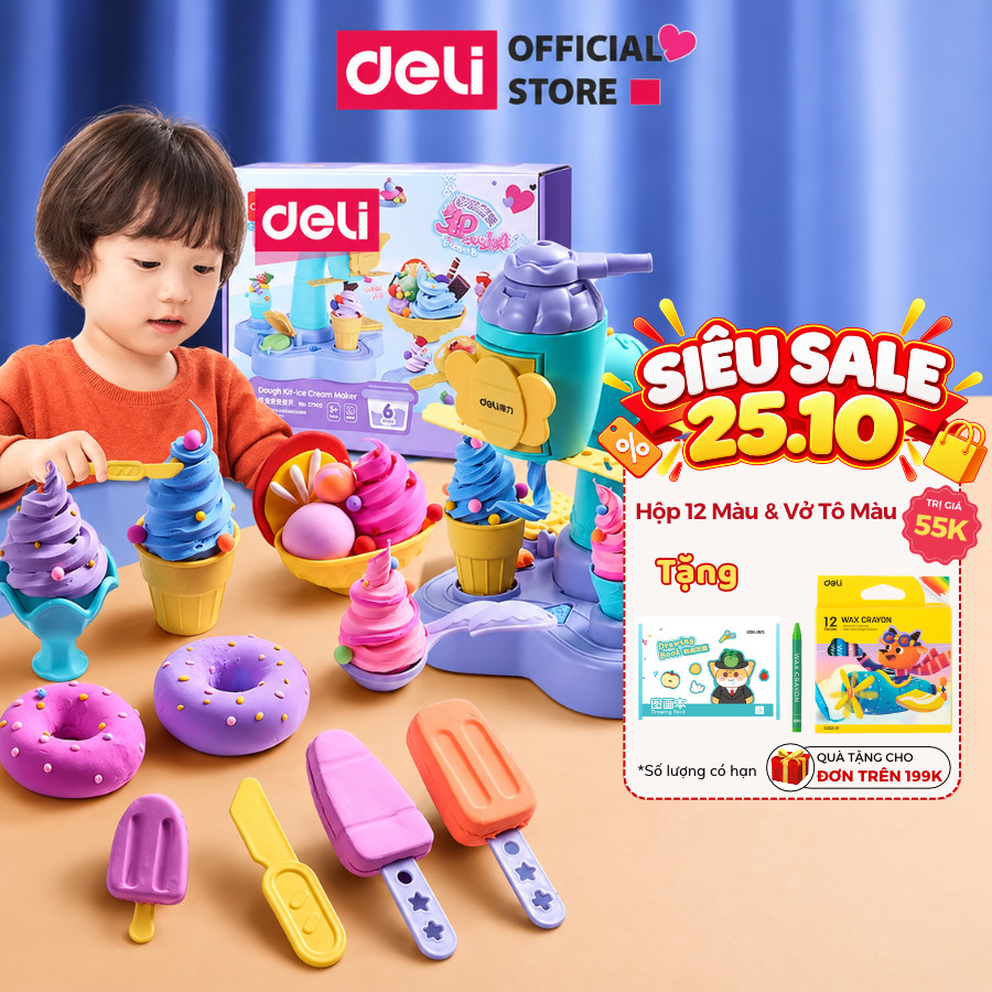 Bộ Đồ Chơi Máy Làm Kem Kèm Đất Nặn Deli  - Máy Làm Mì Hamburger Kèm Dụng Cụ Và Khuôn Không Dính Tay An Toàn