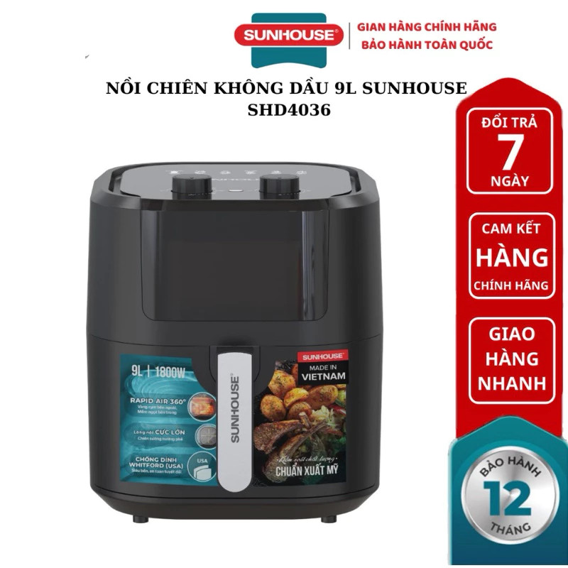 Nồi Chiên Không Dầu Sunhouse SHD4036 9.0L hàng Chuẩn cao cấp ,Nồi Chiên Sunhouse SHD4036 Công Suất L