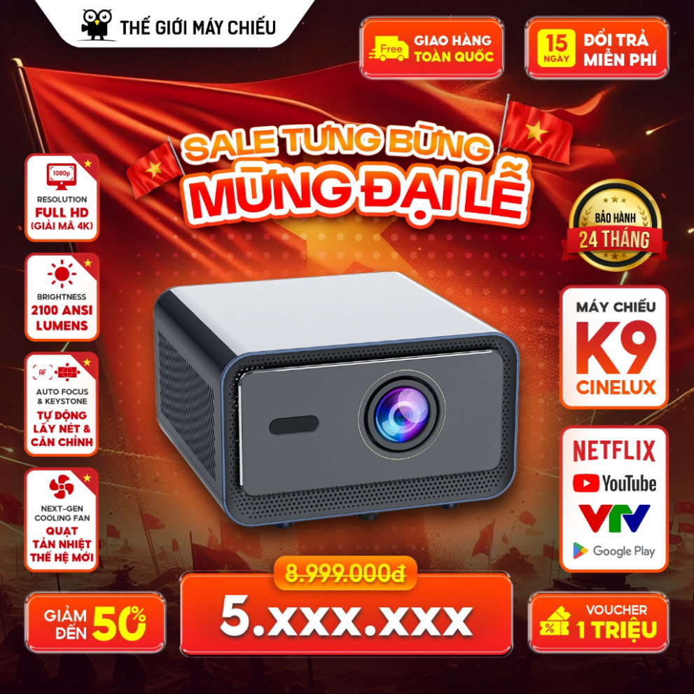 { NEW 2025 - Máy Chiếu K9} Máy Chiếu K9 CineLux - Premium - Hỗ Trợ 4K ,Chuột Bay Magic Trợ Lý Ảo Goo