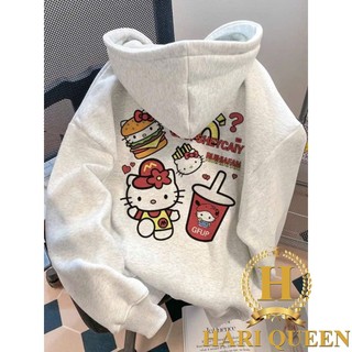  Áo Khoác Hoodie Sweater Logo Mèo Hamburger In Trước Sau Cute Nỉ Cotton Form Rộng Nam Nữ Khóa Kéo Mũ Hai Lớp HARIQUEEN 