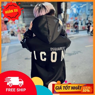 Áo Khoác Hoodie DSQ ICON Phối Tay Da Hàng Quảng Châu Cao Cấp - Áo Khoác Nam Nữ In Chữ DSQ ICON 2 Mặt Phong Cách Boy Phố