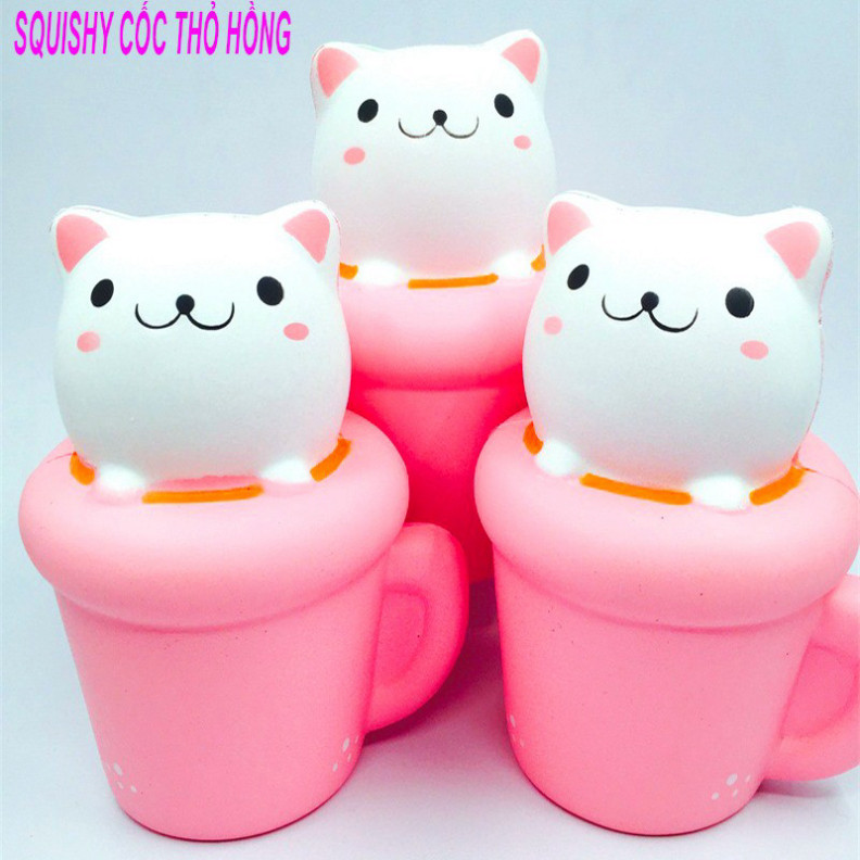 Squishy MÈO HỒNG nằm trong cốc squishy cốc thỏ hồng dễ thương ngộ nghĩnh