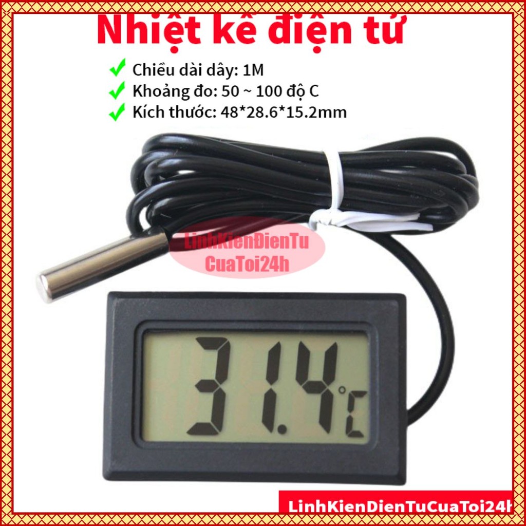 Nhiệt Kế Điện Tử -50*C ~100*C Loại Xịn Có Đầu Dò Chống Nước - Đồng Hồ Đo Nhiệt Độ Hiển Thị LCD - Dây dài 1 mét - Có Pin