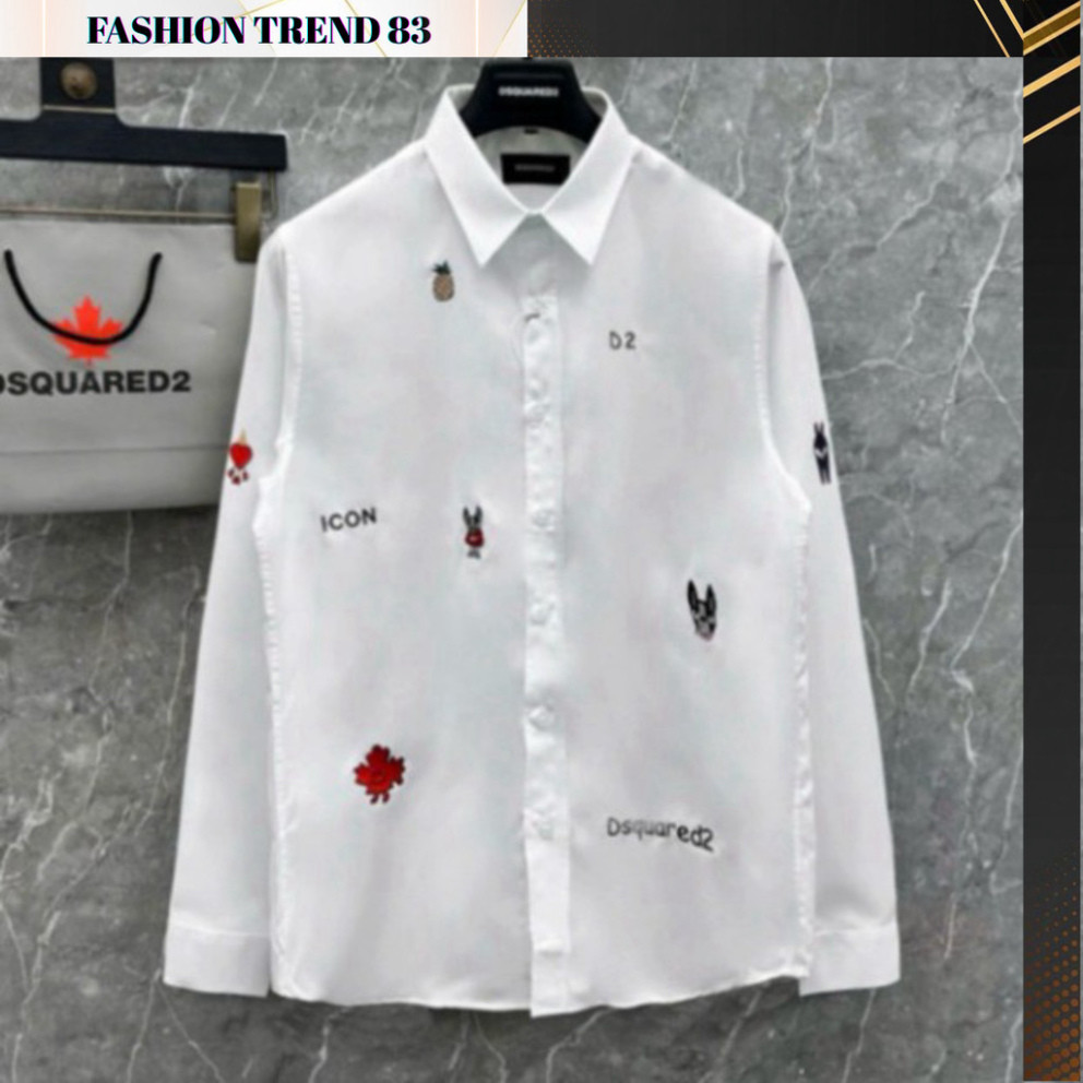Áo sơ mi trắng nam dài tay DSQ vải lụa thô thêu logo sticker chó pitbull lá dứa ICON boy phố Boy Phố