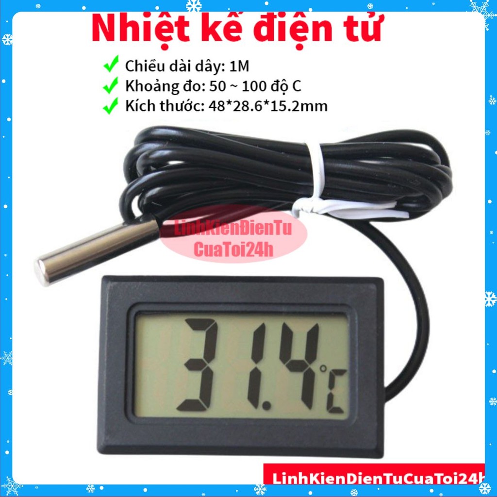 Nhiệt Kế Điện Tử -50*C ~100*C Loại Xịn Có Đầu Dò Chống Nước - Đồng Hồ Đo Nhiệt Độ Hiển Thị LCD - Dây dài 1 mét - Có Pin