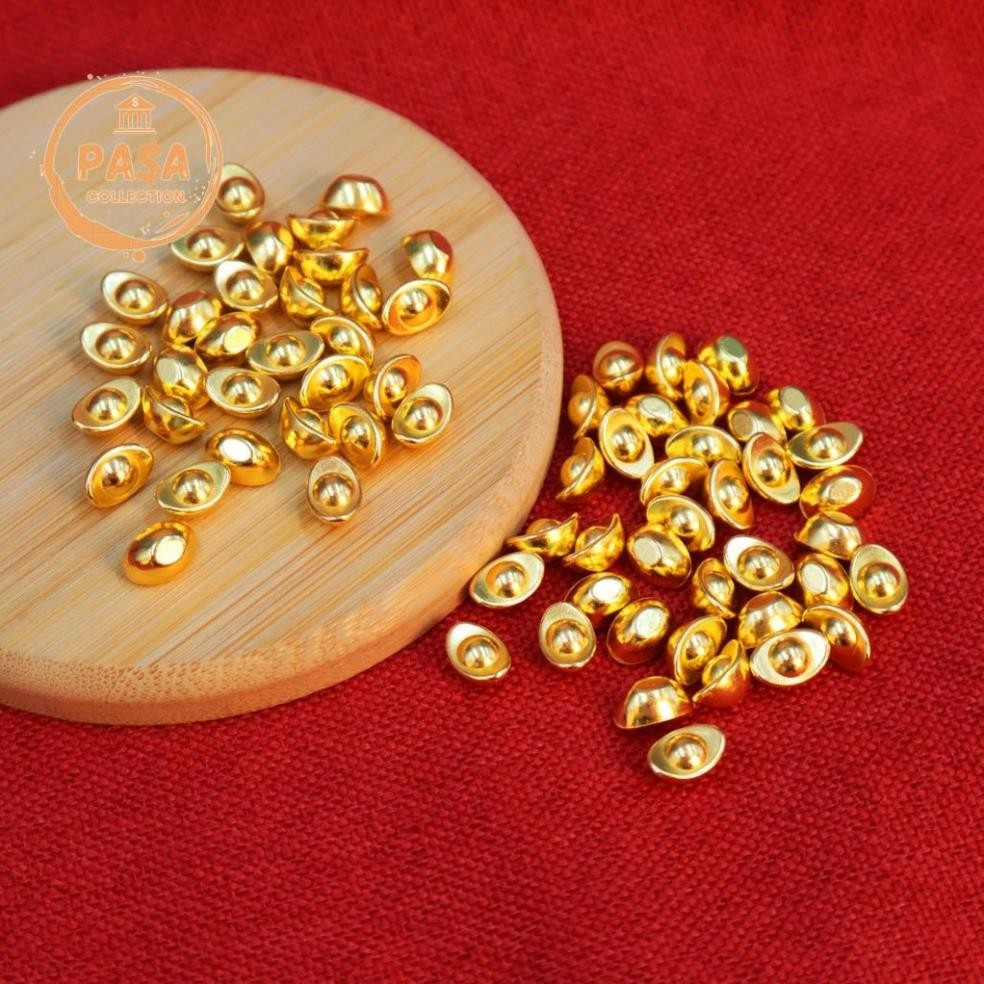 [ đã thỉn.h ] Túi 50-100 Thỏi Vàng Mini (1cm) Và Hũ Đựng Vàng Bằng Kim Loại Dùng Trang Trí Bàn Th.ờ, Bàn Làm Việc