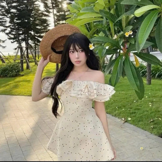  Đầm Chấm Bi Trễ Vai Dáng Xoè Ôm Nhẹ Eo Dịu Dàng Hàn Quốc Mặc Đi Chơi Đi Du Lịch 