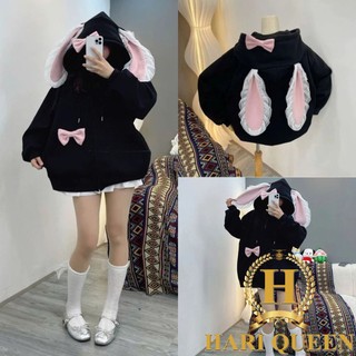  Áo Khoác Nỉ Đen Tai Thỏ Dài Hồng Phối Ren Tặng Kèm 2 Nơ Cài Siêu Cute Form Boxy Rộng Unisex Hot Trend 2025 