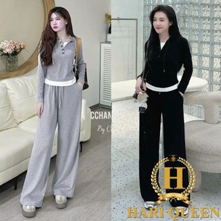  Set Bộ Nữ Dài Tay Có Mũ Cúc Cổ Phối Lót Viền Trắng Mix Quần Suông Cạp Chun HARIQUEEN 