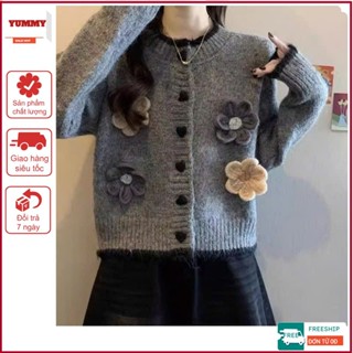 Áo Khoác Cardigan YUMMY Đính Hoa, Áo Len Dài Tay Cúc Nhung Phối Họa Tiết Phong Cách hàn Quốc CA42