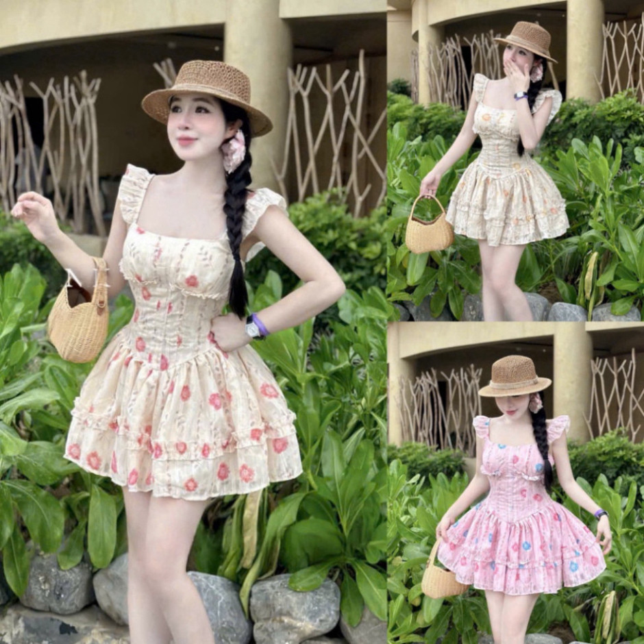 (Hàng thật hàng y mẫu) Váy Xòe Hoa Nhí Mango Cổ Vuông Cúp Ngực Cánh Tiên Xếp Tầng | 3 Màu Nổi Bật, D