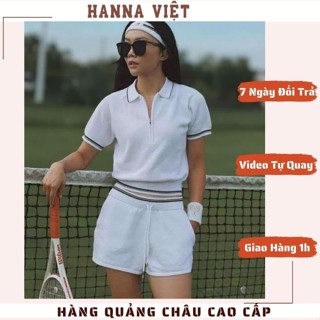 Đồ Pickleball Nữ, Đồ Thể Thao Nữ, Set Áo Polo Kéo Khóa Phối Quần Đùi W Trắng Sọc Cao Cấp HN Ms401