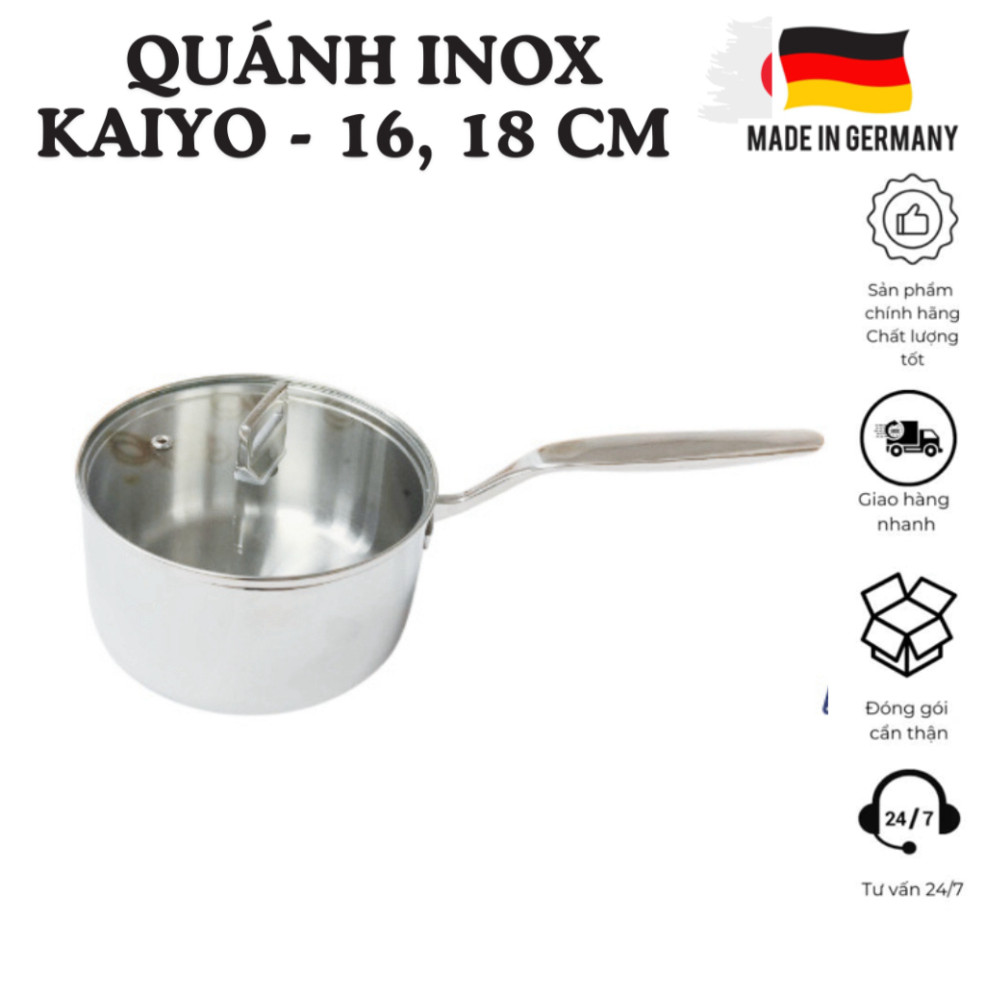 Quánh sâu lòng inox kèm vung 16 cm, 18 cm, quánh chính hãng KAIYO nhật, quánh bếp từ, nồi đa năng