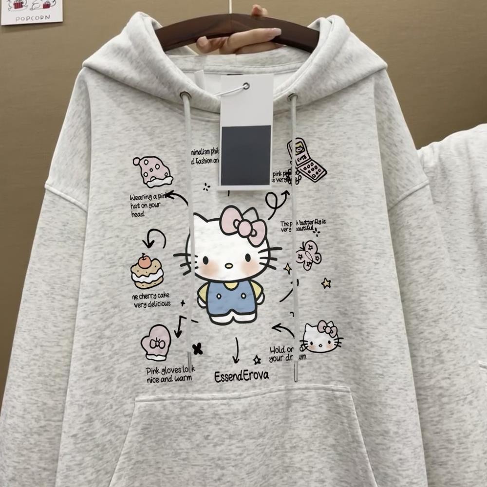 Áo Hoodie hàn quốc nữ quả mơ form rộng áo khoác xinh Hello Kitty xanh  in hình UT