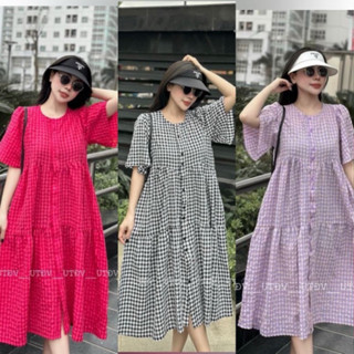  Váy bầu đầm bầu cộc tay mùa hè thiết kế  cổ tròn caro sang chảnh dáng babydoll dài qua gối M05 