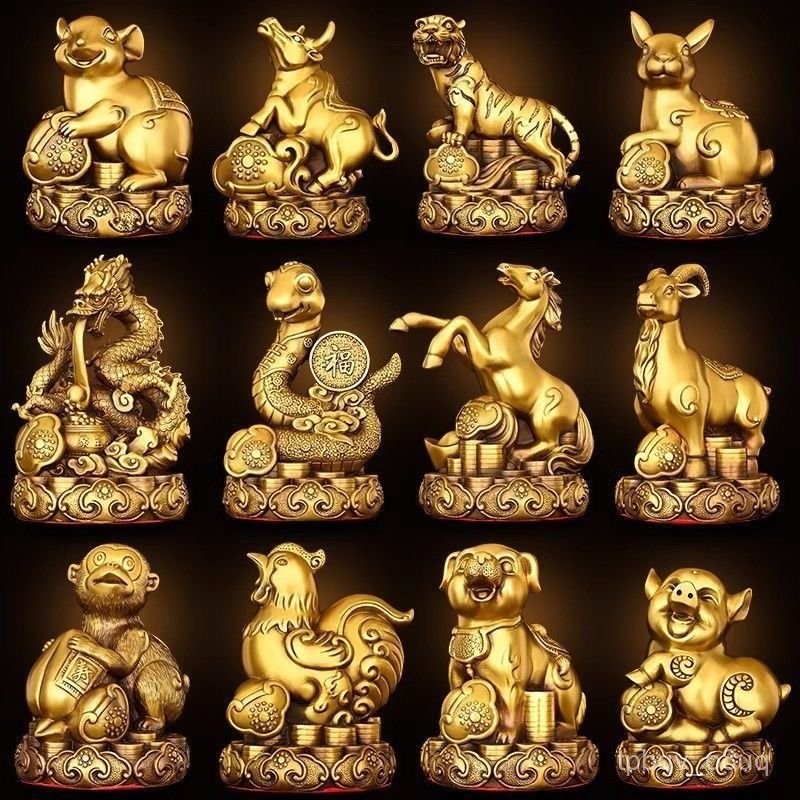 EK7N Đồ trang trí đồng thau cung hoàng đạo bằng đồng nguyên chất mười hai cung hoàng đạo, chuột, bò,