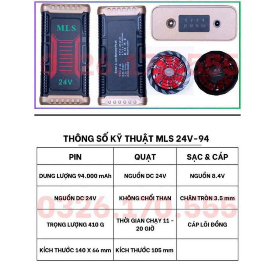 Bộ phụ kiện pin quạt áo làm mát MLS 24V, hiệu suất tối ưu, bảo hành tới tháng 12/2025.