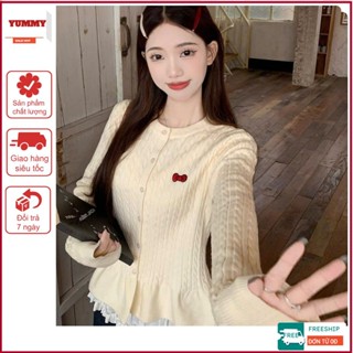 Áo len vặn thừng YUMMY dáng ôm, Áo len cardigan viền xoè thêu logo kitty đỏ phong cách Hàn Quốc_AL28